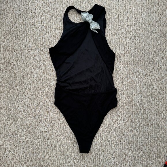 Zara Black Bodysuit Sexy Strap Back with Silver Embellished Bow Holiday XS‎ - Picture 9 of 15